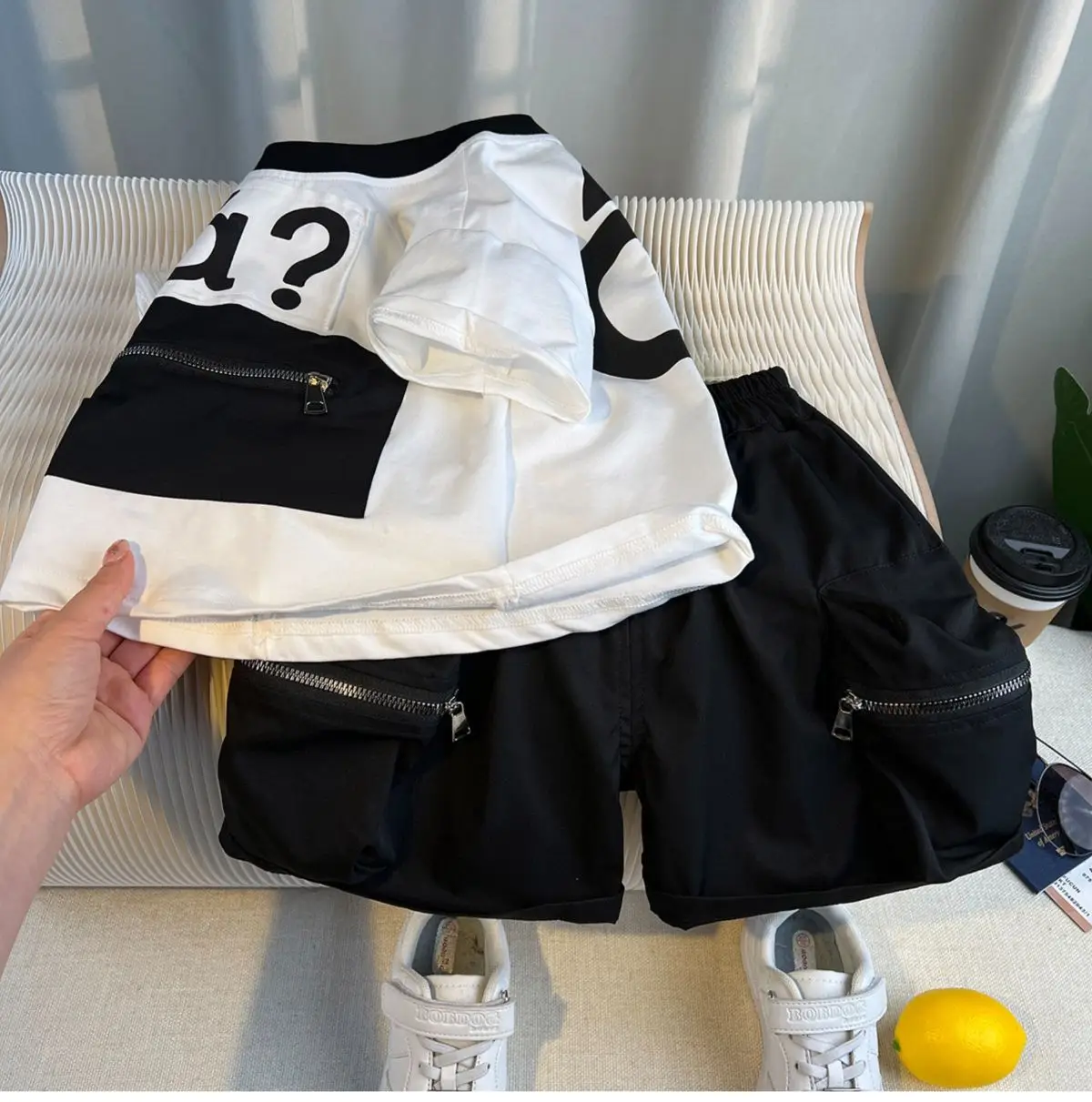 Boys 2Pc White Black a? T-Shirt Shorts Set — feature 17