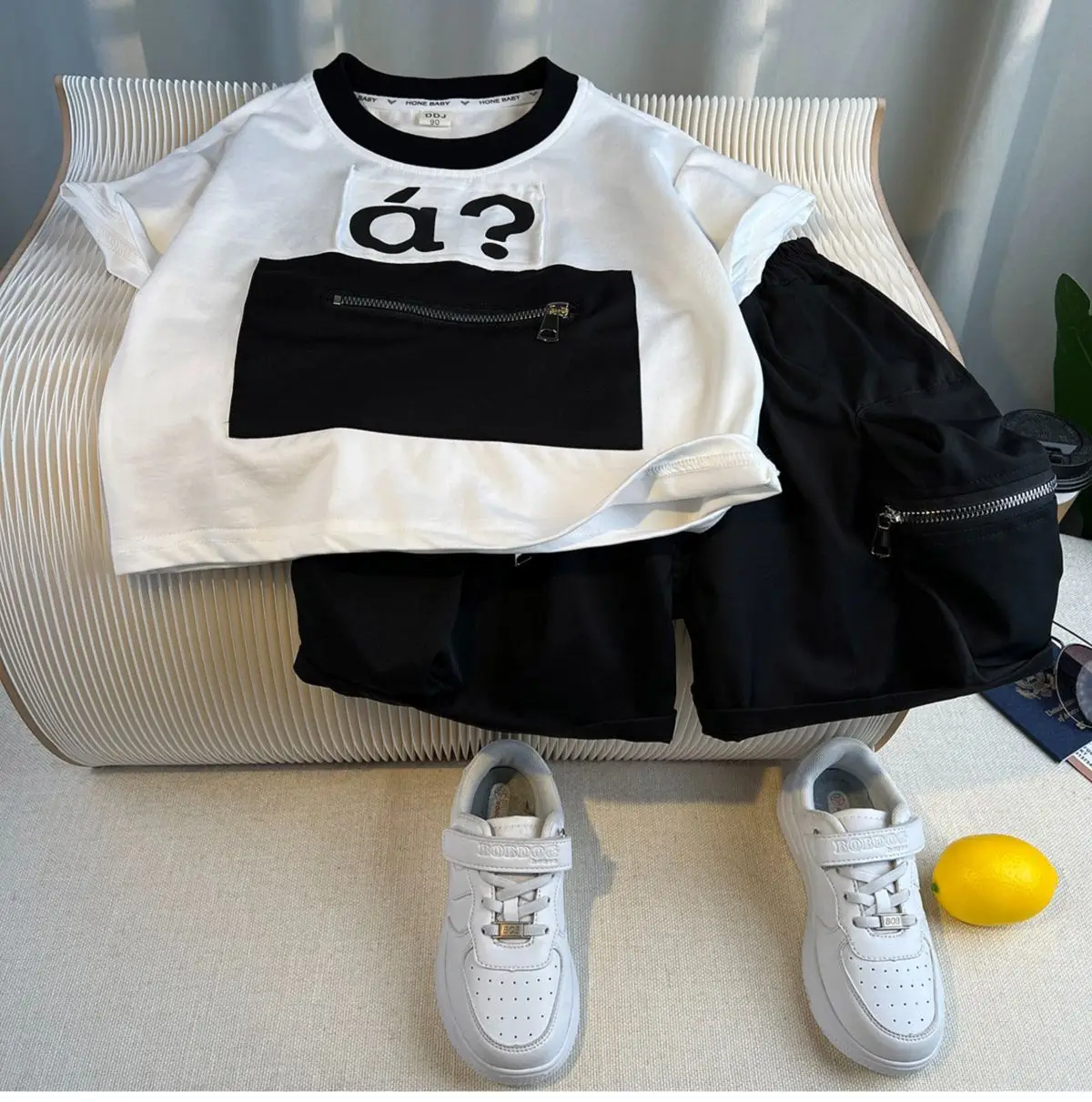 Boys 2Pc White Black a? T-Shirt Shorts Set — feature 19
