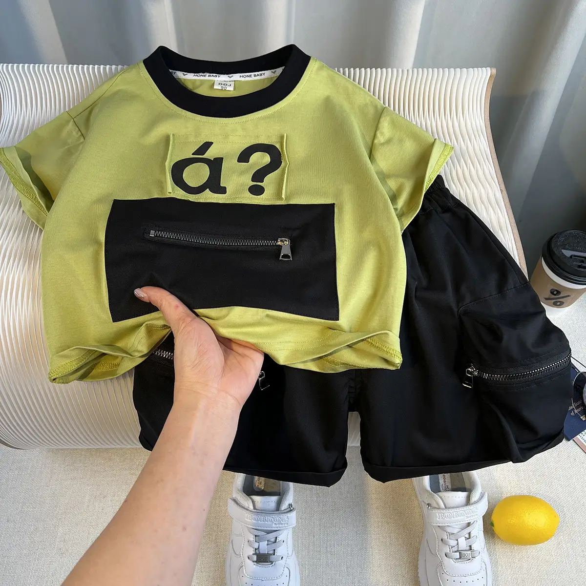 Boys 2Pc White Black a? T-Shirt Shorts Set — feature 2