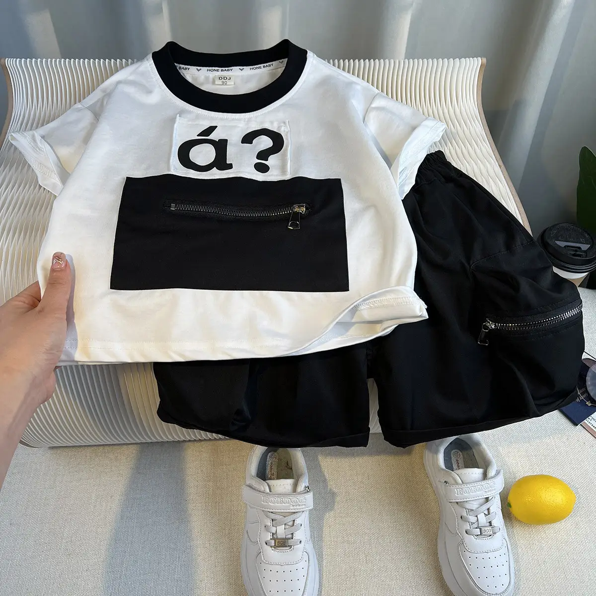 Boys 2Pc White Black a? T-Shirt Shorts Set - Image 2