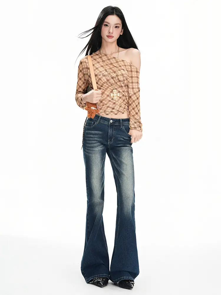 Dark Blue Flared Jeans 2025 Low Waist Stretchy