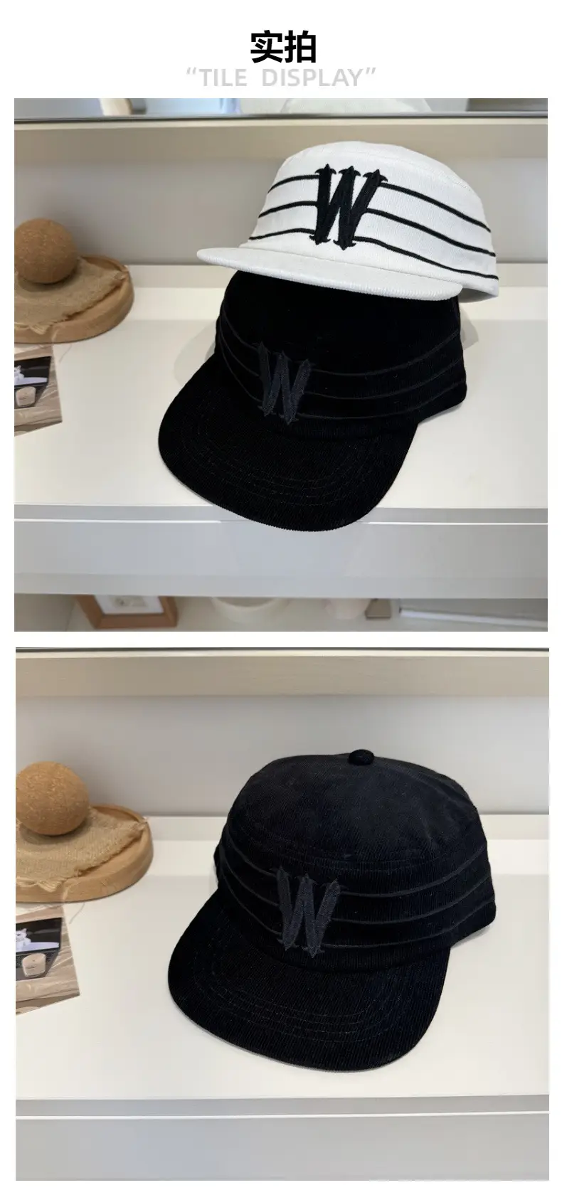 W Embroidered Duckbill Caps Unisex Corduroy — feature 3