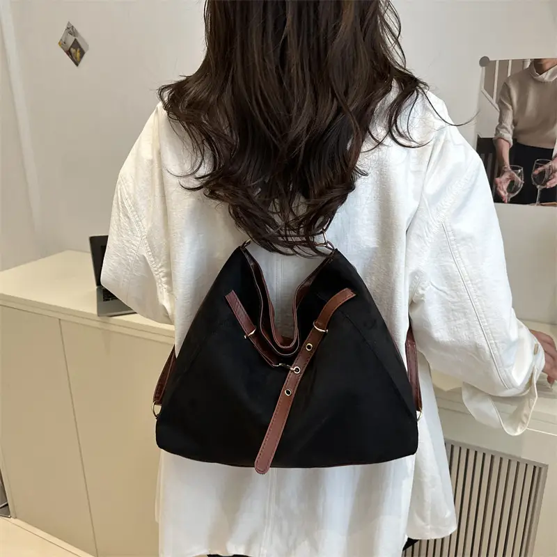 Retro Suede Shoulder Bag Beige Black Handle 2025 - Image 8