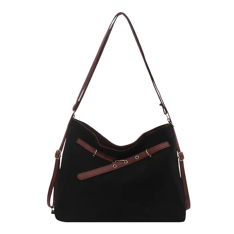 Retro Suede Shoulder Bag Beige Black Handle 2025 - Image 10