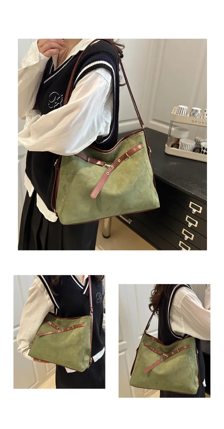 Retro Suede Shoulder Bag Beige Black Handle 2025 — feature 26