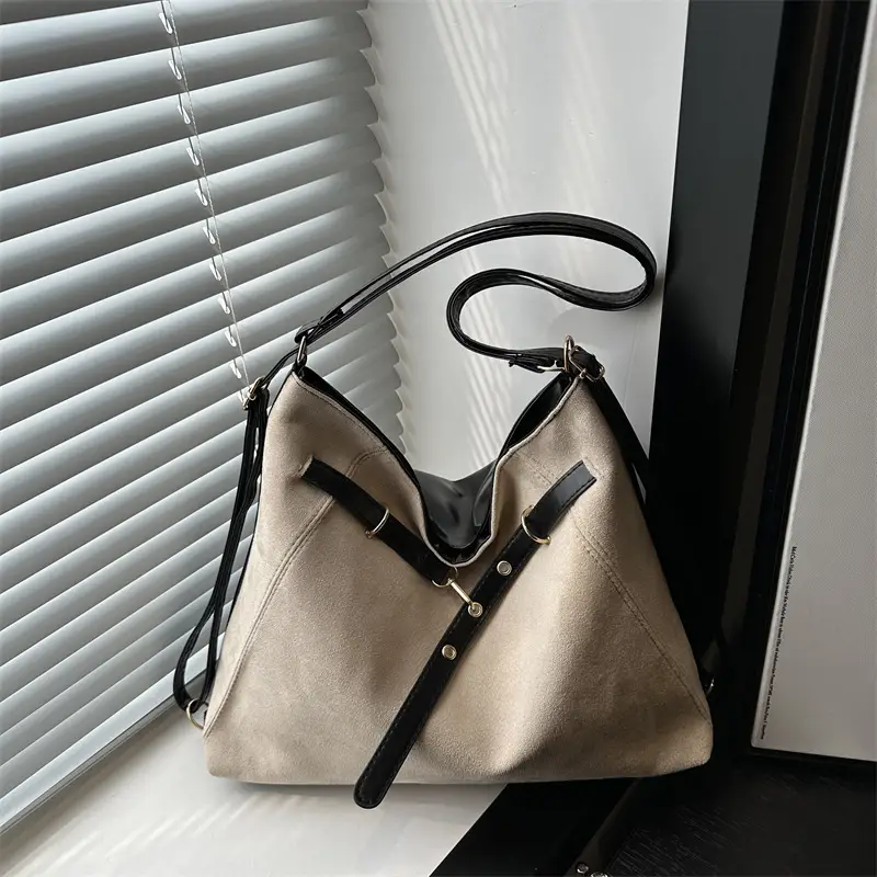 Retro Suede Shoulder Bag Beige Black Handle 2025 - Image 5