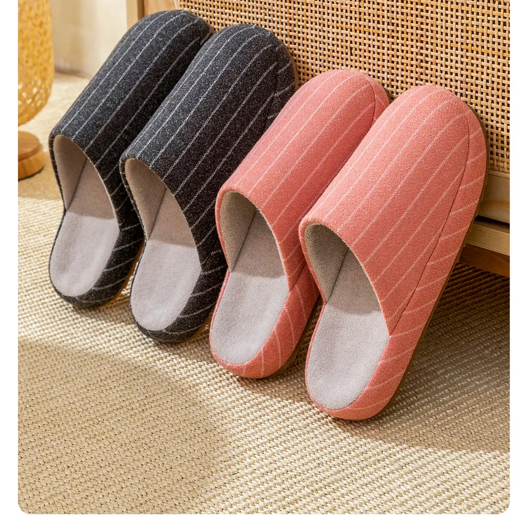 Japanese-Style Striped Cotton Slippers for Home Autumn and Winter Couple Indoor Warm Thick-Soled Winter Slippers for Women Home Wholesale — feature 14