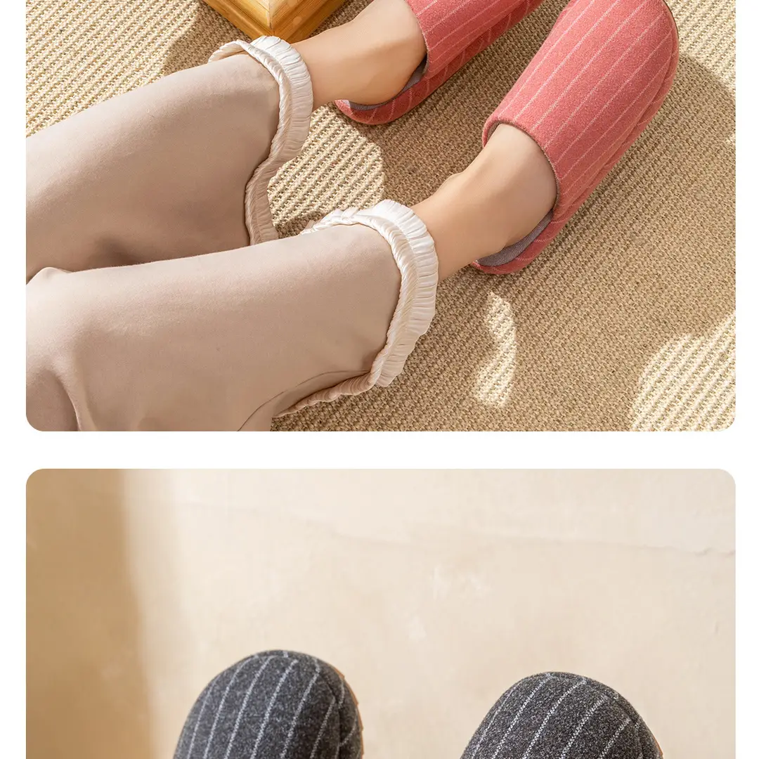 Japanese-Style Striped Cotton Slippers for Home Autumn and Winter Couple Indoor Warm Thick-Soled Winter Slippers for Women Home Wholesale — feature 17