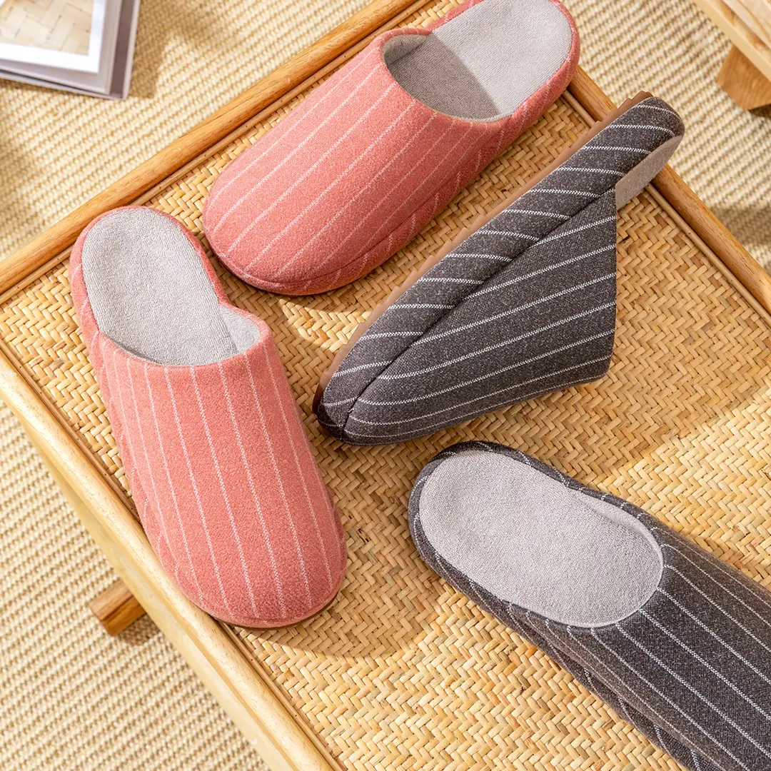 Japanese-Style Striped Cotton Slippers for Home Autumn and Winter Couple Indoor Warm Thick-Soled Winter Slippers for Women Home Wholesale — feature 4