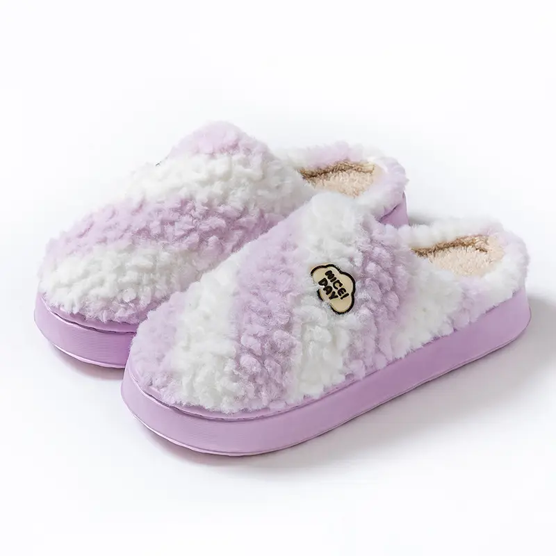 Two-Tone Plush Embroidered Slippers with a Soft Cushioning Feel, Suitable for Autumn and Winter, Warm and Thick-Soled, Lightweight, for Couples and Postpartum Care - Image 2