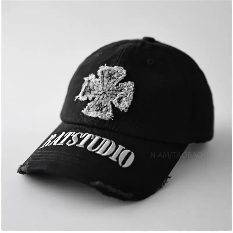 Black American Style Baseball Cap with Embroidered Cross Flower & "MASTUDIO" Text - Image 3
