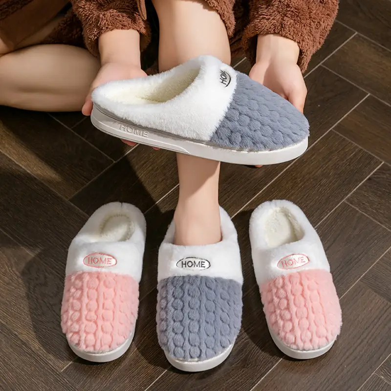 Autumn and Winter Furry Slippers for Home Indoor Use 2026 New Simple Plush Couple Warm Cotton Slippers Women's Style with Added Fleece
