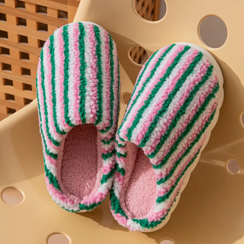 New Candy Color Contrast Fashion Cotton Slippers for Women Autumn and Winter Home Warm Stripesd Plush Winter Cotton Slippers - Image 7
