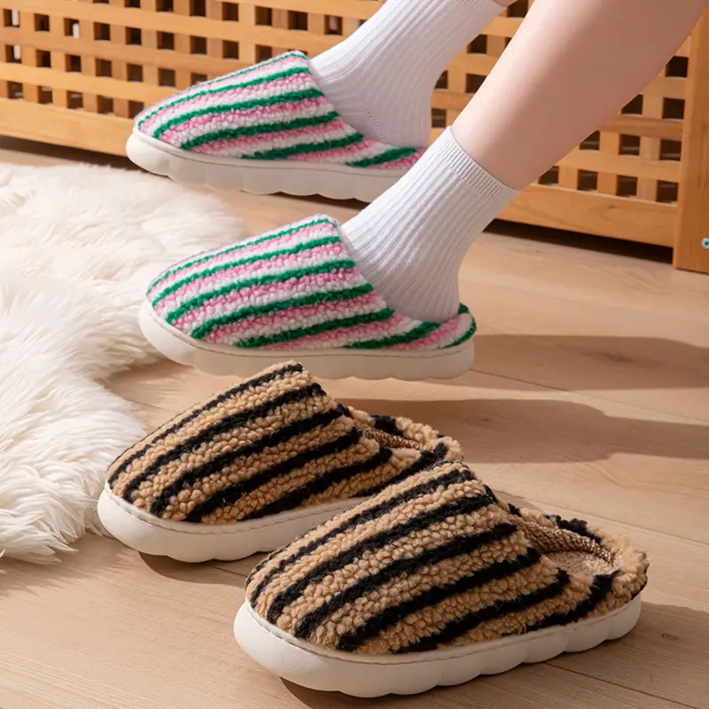 New Candy Color Contrast Fashion Cotton Slippers for Women Autumn and Winter Home Warm Stripesd Plush Winter Cotton Slippers - Image 8