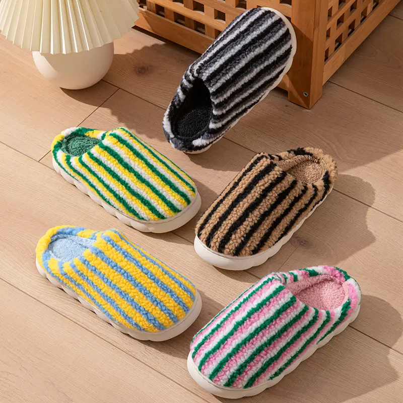 New Candy Color Contrast Fashion Cotton Slippers for Women Autumn and Winter Home Warm Stripesd Plush Winter Cotton Slippers - Image 9