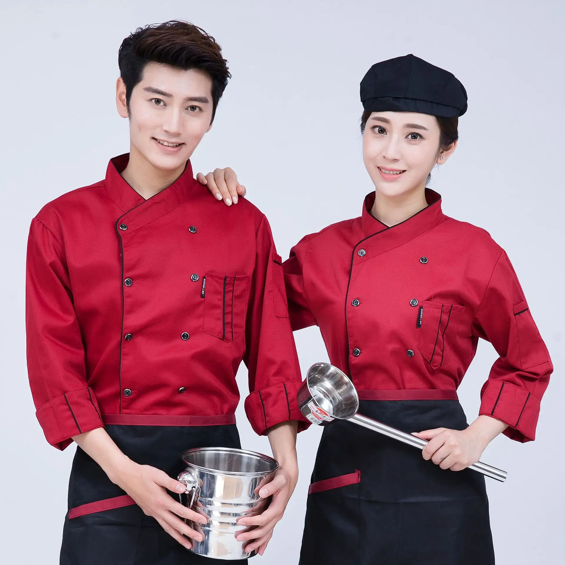 Men & Women Peaked Chef Hats Black Red