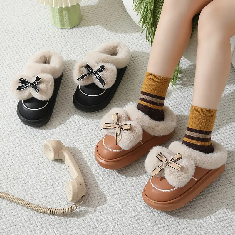 Cute Bow Cotton Slippers for Women, Waterproof Leather, Thickeneded Fur Slippers for Home and Outdoor Wear, Non-Slip, Warm and Comfortable for Autumn and Winter - Image 5