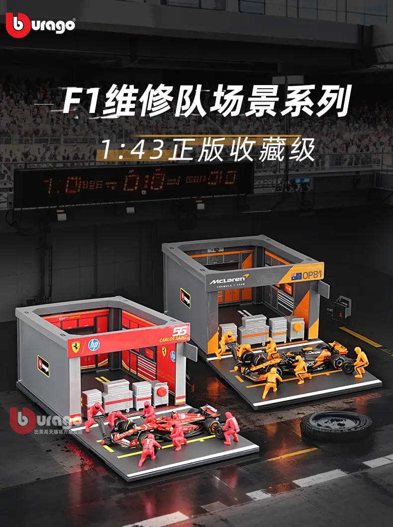 Bimeigao F1 Maintenance Station P Room Model 1:43 Racing Tire Changing Scene Red Bull Mercedes-Benz Mclaren Ferrari — feature 1
