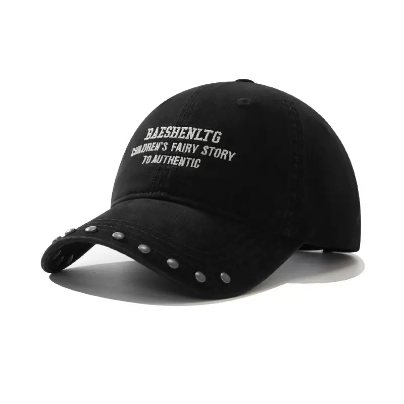 Black Rivet Cap for Women with Wide Brim and Letter Embroidery - Image 6