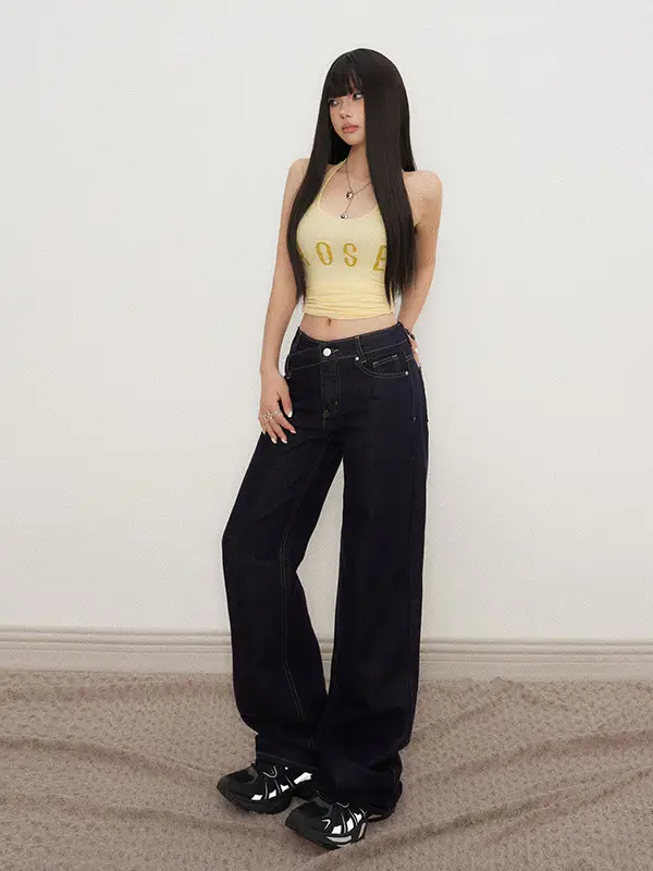 Low Waist Jeans Women 2025 New Loose Wide Leg Dark Blue Pants
