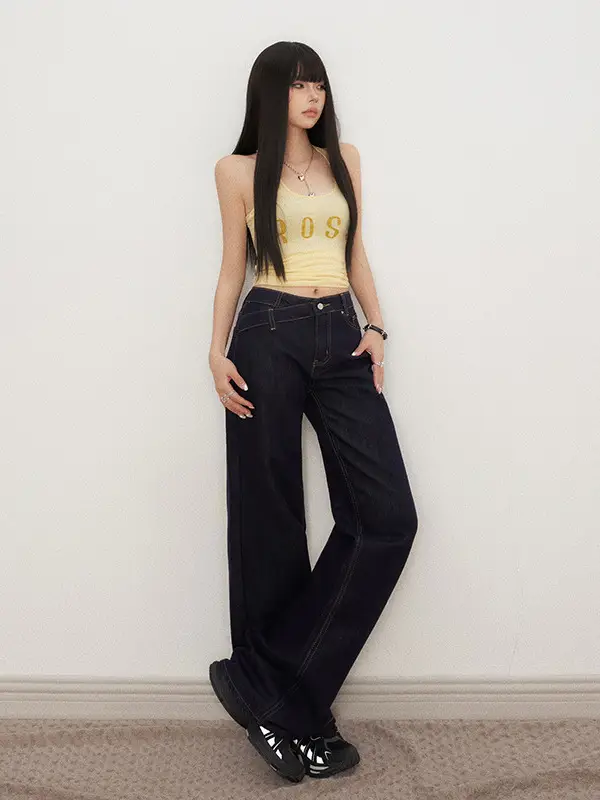 Low Waist Jeans Women 2025 New Loose Wide Leg Dark Blue Pants
