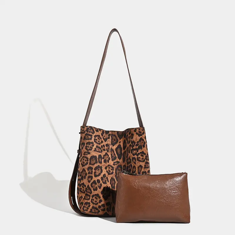Leopard Print Bucket Bags for Women Brown Black