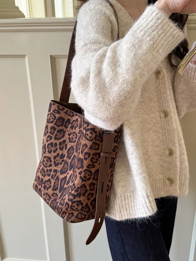 Leopard Print Bucket Bags for Women Brown Black