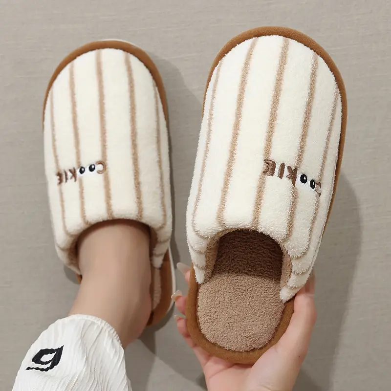 Striped Home Cotton Slippers for Women Winter Plush Warm Anti-Slip Indoor Home Men's Plush Slippers for Men Winter - Image 6