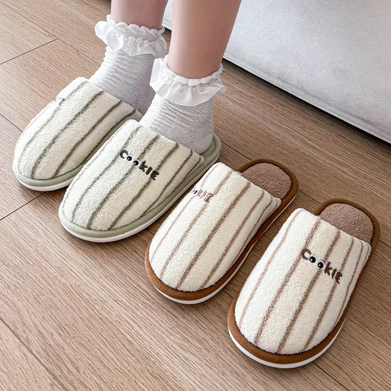 Striped Home Cotton Slippers for Women Winter Plush Warm Anti-Slip Indoor Home Men's Plush Slippers for Men Winter - Image 8