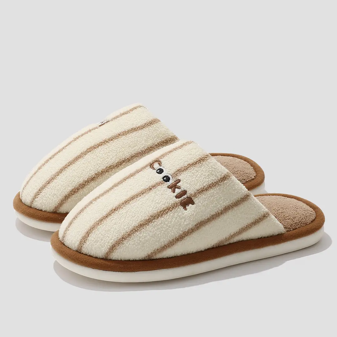 Striped Home Cotton Slippers for Women Winter Plush Warm Anti-Slip Indoor Home Men's Plush Slippers for Men Winter - Image 3