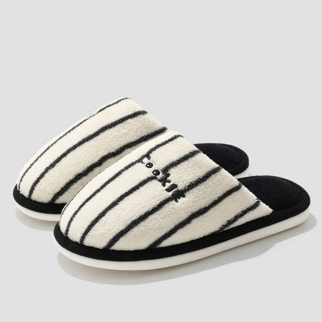 Striped Home Cotton Slippers for Women Winter Plush Warm Anti-Slip Indoor Home Men's Plush Slippers for Men Winter - Image 4