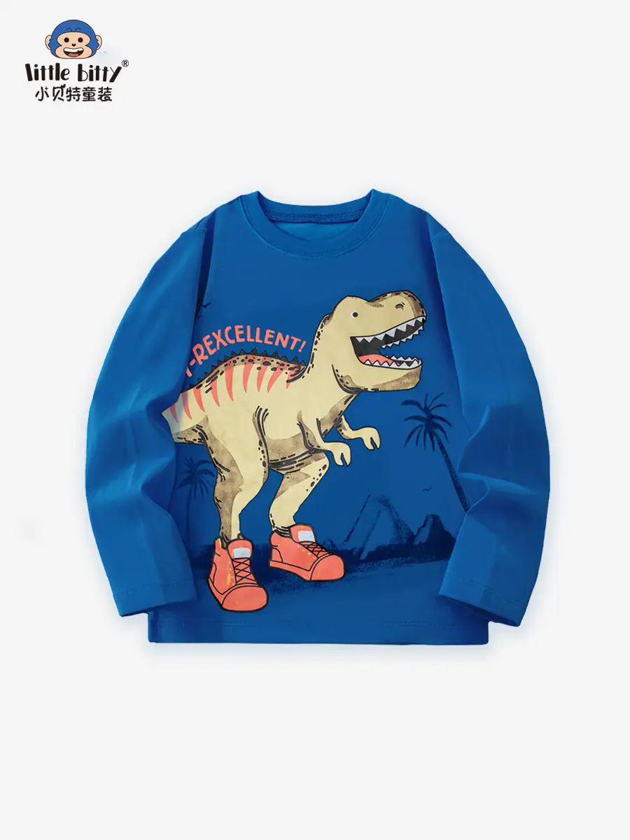 Blue Dinosaur Printed Kids Sweatshirt Long Sleeve Round Neck - Image 3