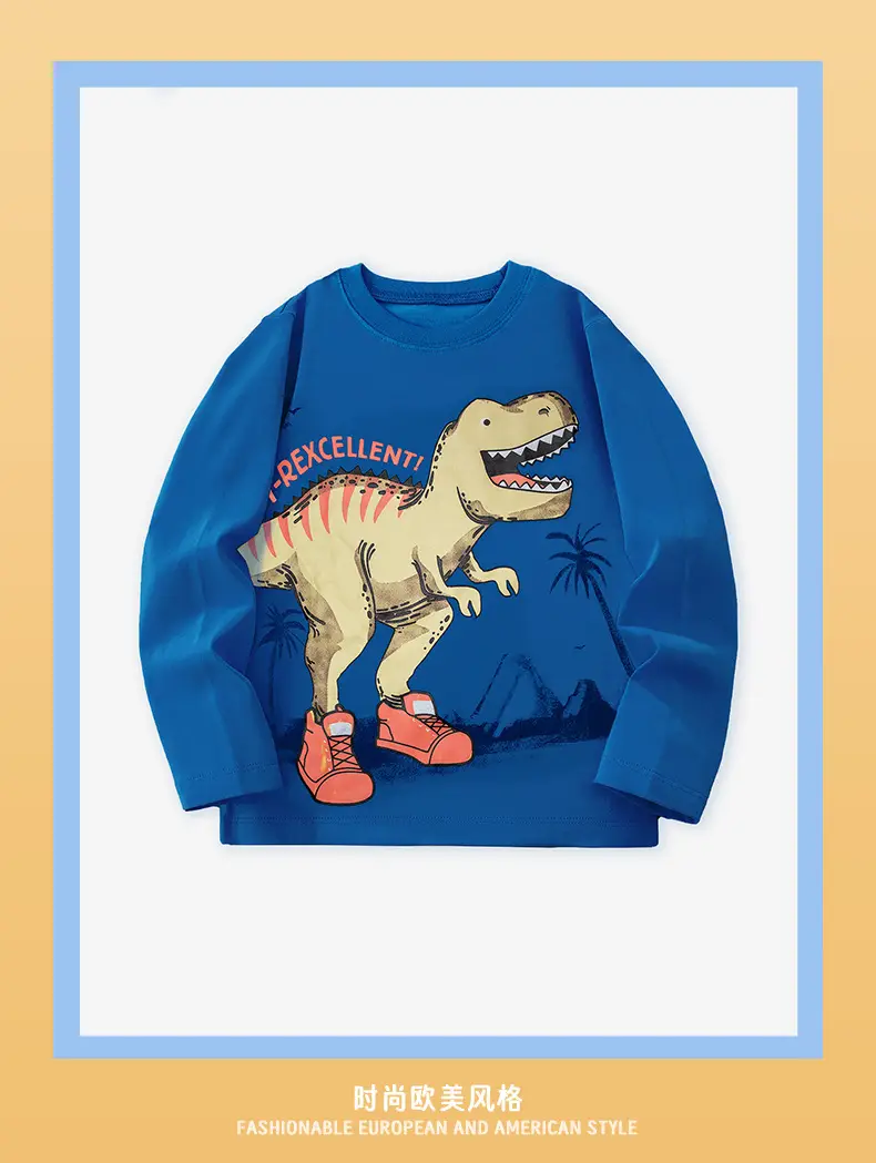 Blue Dinosaur Printed Kids Sweatshirt Long Sleeve Round Neck — feature 3