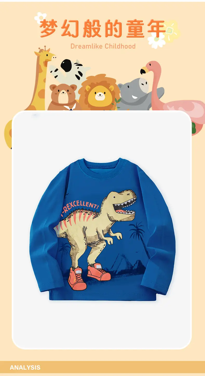 Blue Dinosaur Printed Kids Sweatshirt Long Sleeve Round Neck — feature 7