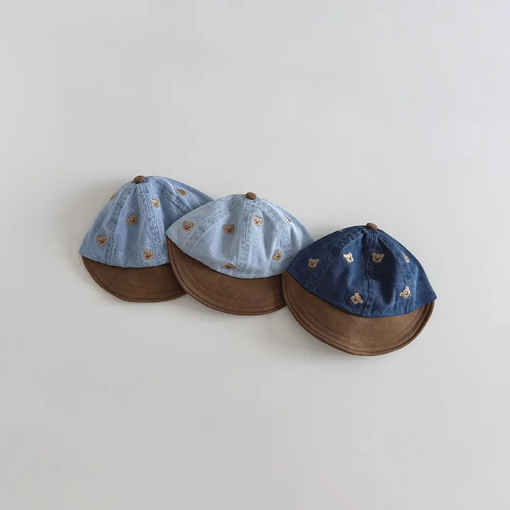 Baby Denim Cap Blue Brown Bear Print Peaked Cap