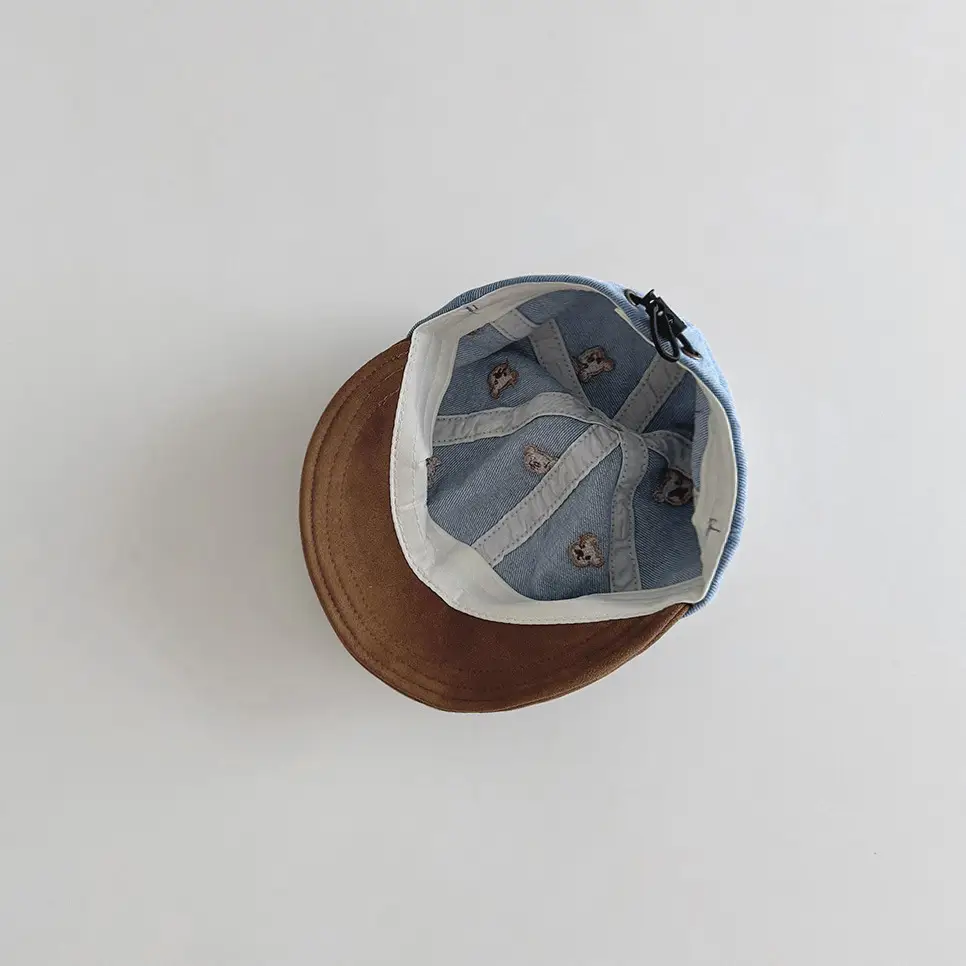 Baby Denim Cap Blue Brown Bear Print Peaked Cap