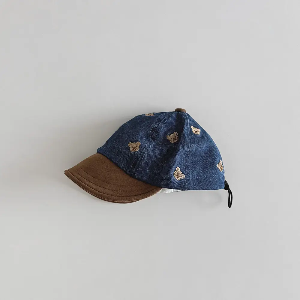 Baby Denim Cap Blue Brown Bear Print Peaked Cap