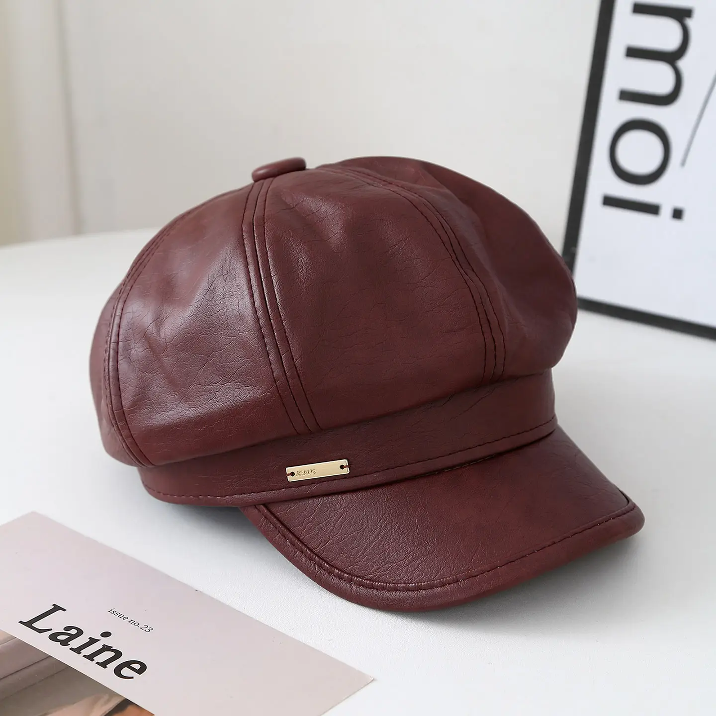Brown Leather Beret Hat for Women Autumn Winter