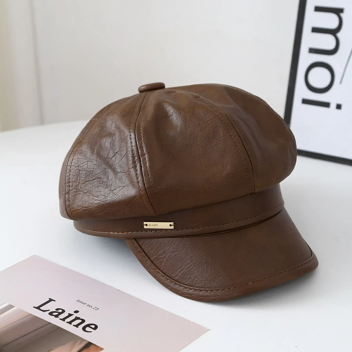 Brown Leather Beret Hat for Women Autumn Winter