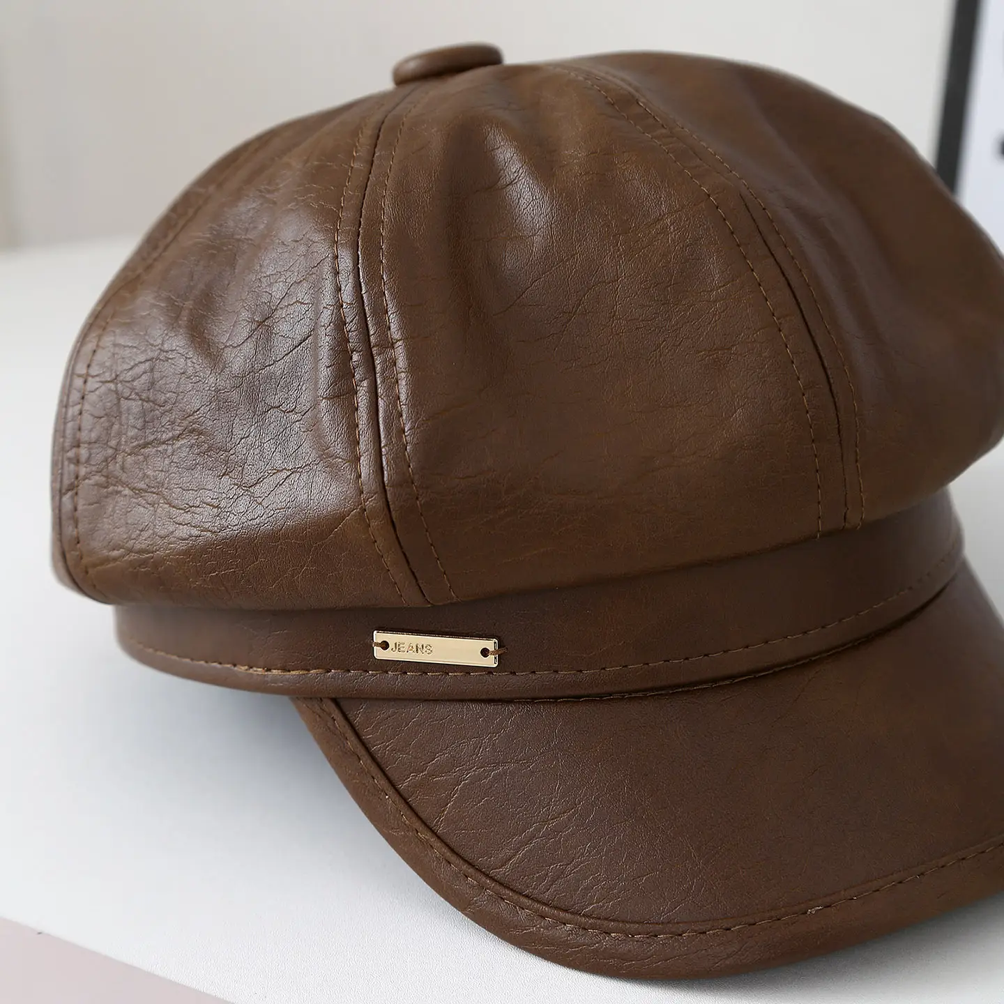 Brown Leather Beret Hat for Women Autumn Winter — feature 3