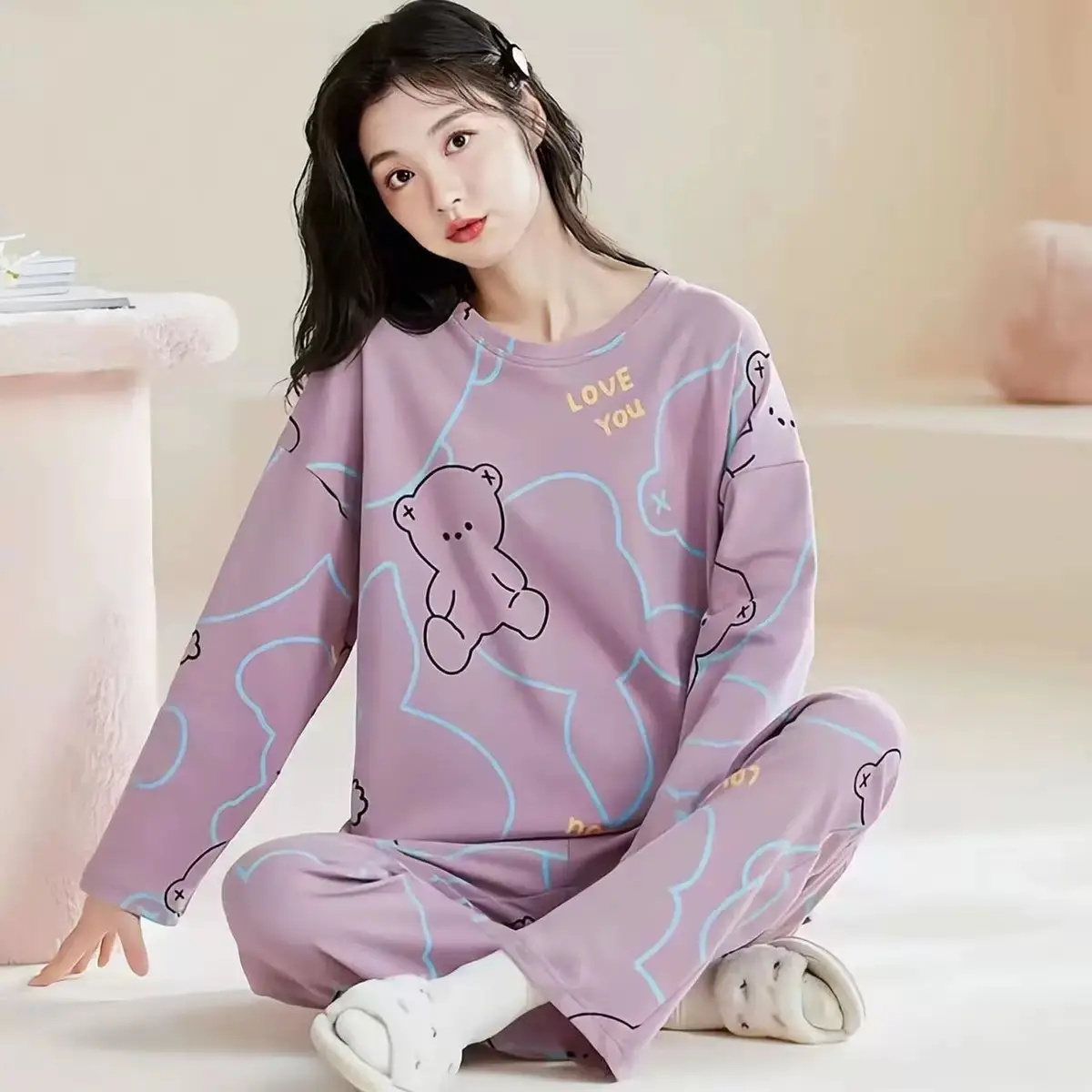 Women's Long Sleeve Pajama Set Purple Bear Print Large
