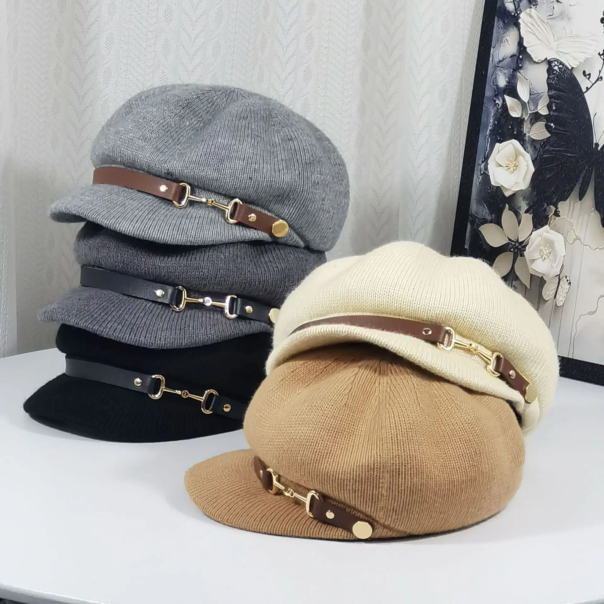 Women's Knitted Newsboy Cap Cream Navy 2025 - Image 6