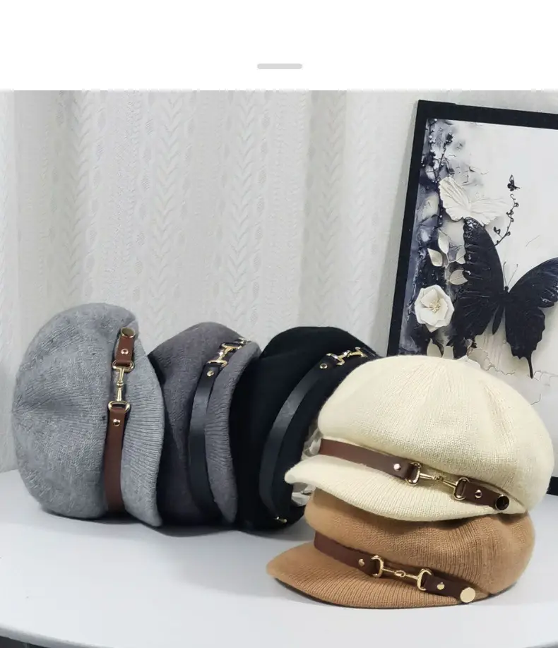 Women's Knitted Newsboy Cap Cream Navy 2025 — feature 7