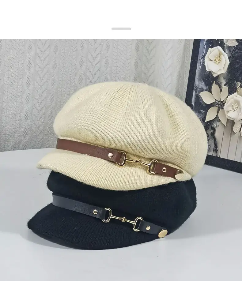 Women's Knitted Newsboy Cap Cream Navy 2025 — feature 8
