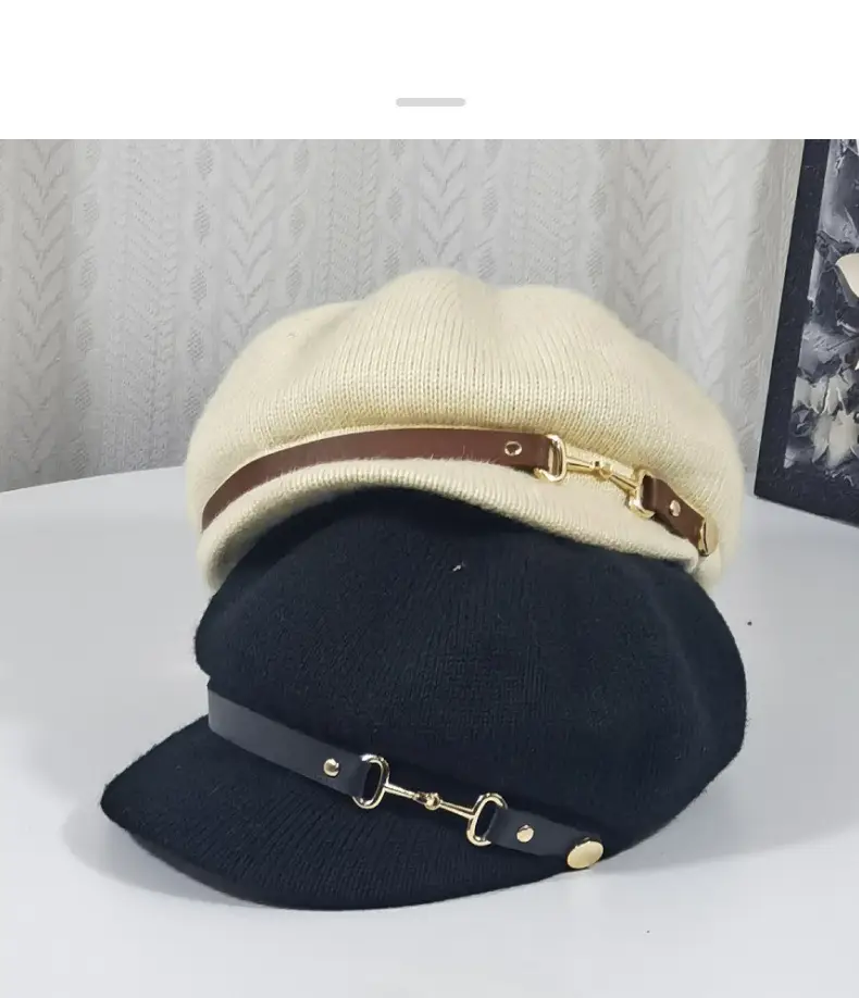 Women's Knitted Newsboy Cap Cream Navy 2025 — feature 9