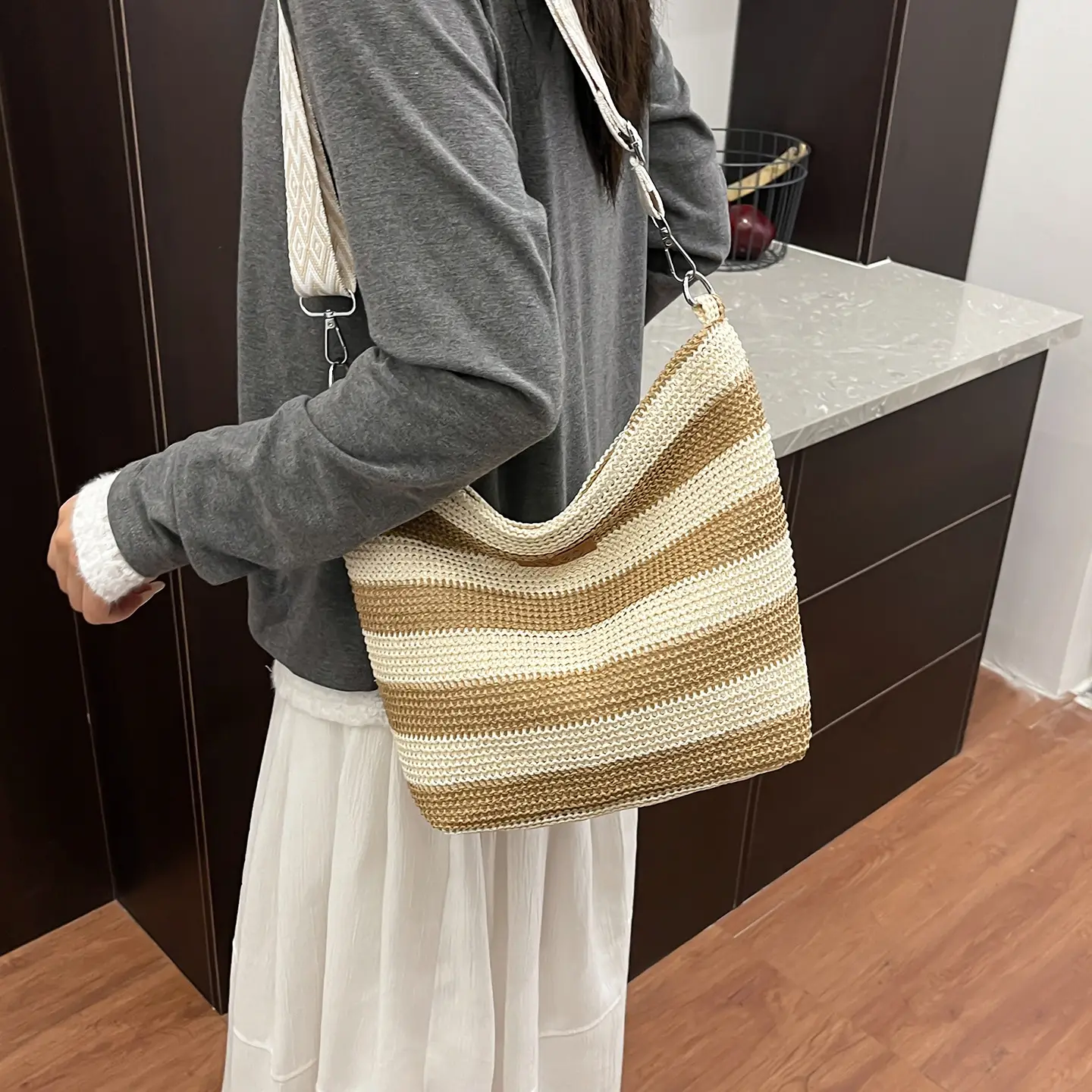 Summer Striped Woven Shoulder Bag for Women
