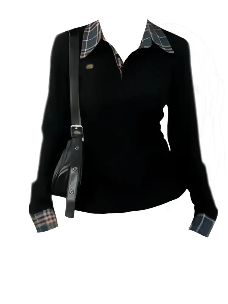 American-Style Right Shoulder Collar Plaid Long-Sleeved T-Shirt for Women Autum New Slimming Look Fake Two-Piece Design Top