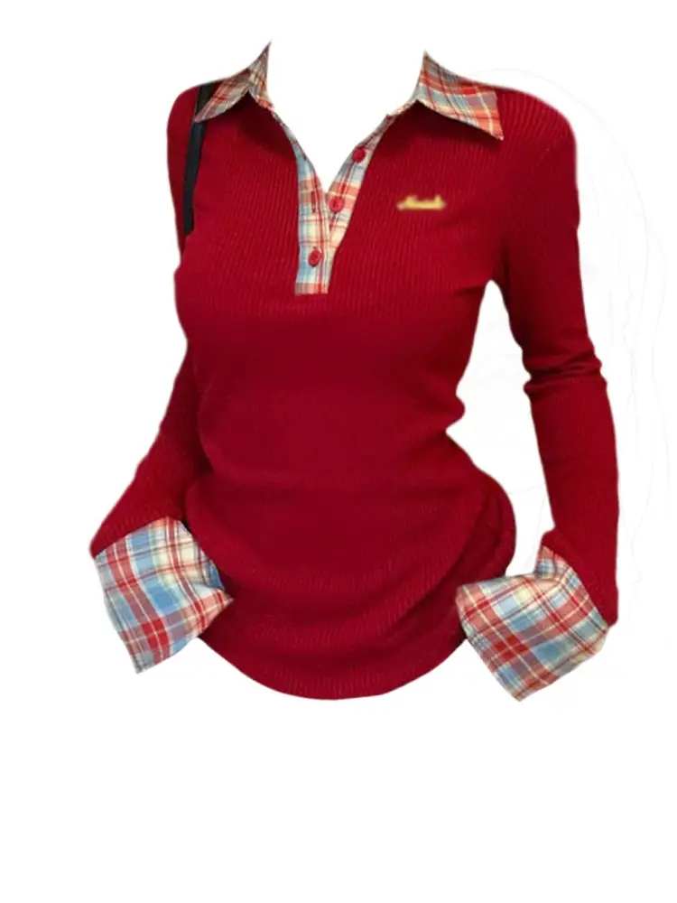 American-Style Right Shoulder Collar Plaid Long-Sleeved T-Shirt for Women Autum New Slimming Look Fake Two-Piece Design Top