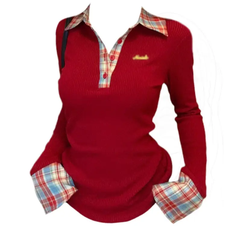American-Style Right Shoulder Collar Plaid Long-Sleeved T-Shirt for Women Autum New Slimming Look Fake Two-Piece Design Top — feature 4