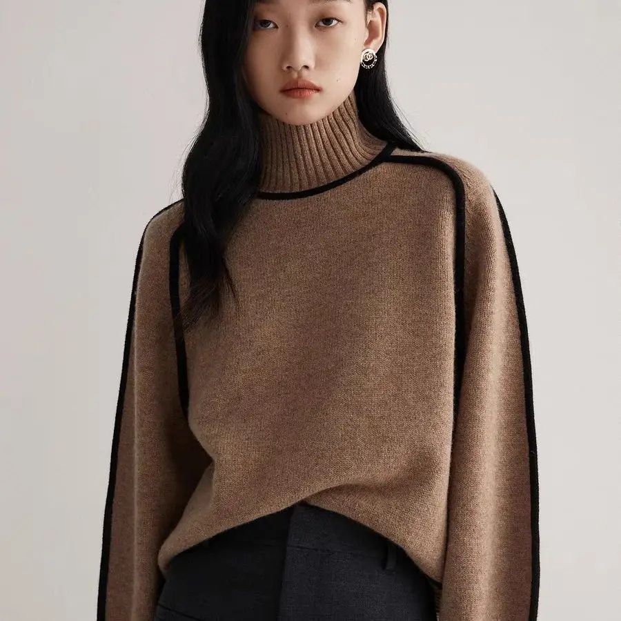 Cross-Border Foreign Trade Women's Sweater, Fashionable Half-High Collar Raglan Sleeve Top, Elegant Line Ribbed Knit Base Shirt for Women